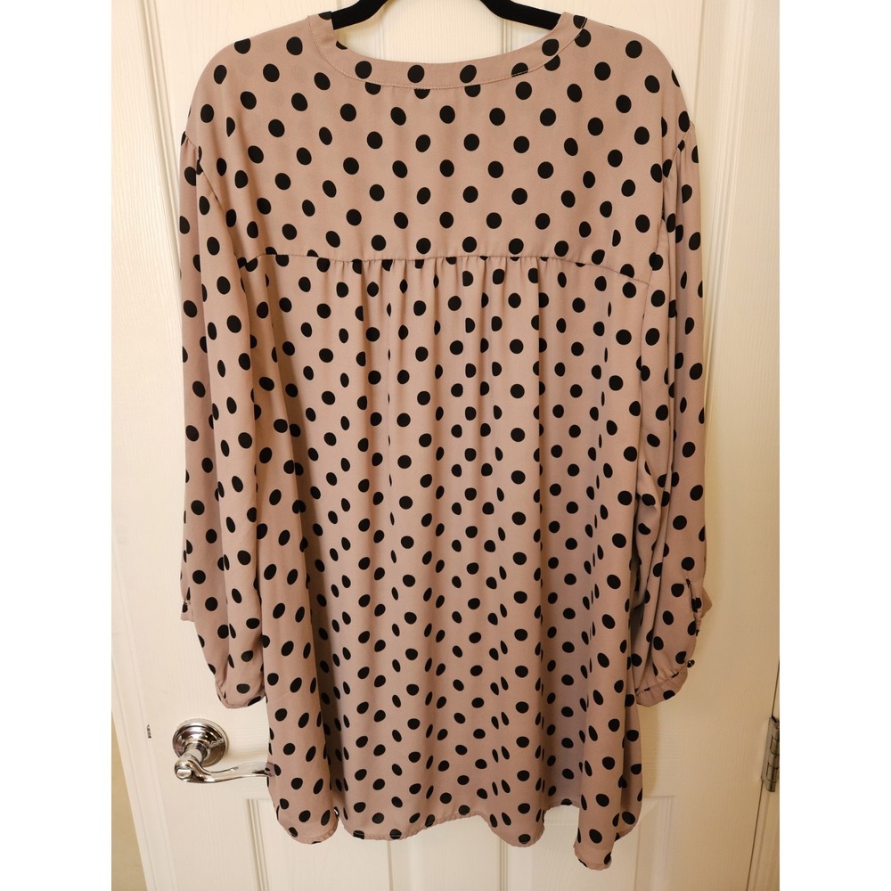 Torrid Georgette Pink Black Polka Dots 3/4 Peasant Sleeves Blouse, Plus 6X - Picture 3 of 6